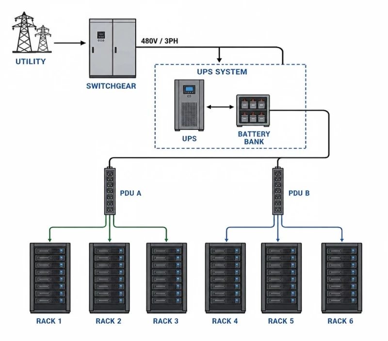 data center power distribution diagram showing utility, switchgear, UPS, PDUs, and racks data center power distribution diagram showing utility, switchgear, UPS, PDUs, and racks