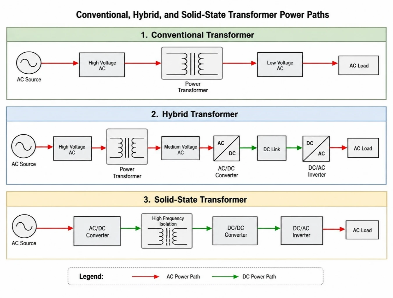 Conventional, hybrid, and solid-state transformer power paths Conventional, hybrid, and solid-state transformer power paths